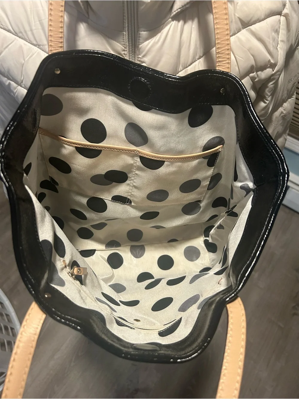 kate spade Black Patent Tote with Tan Leather Handles